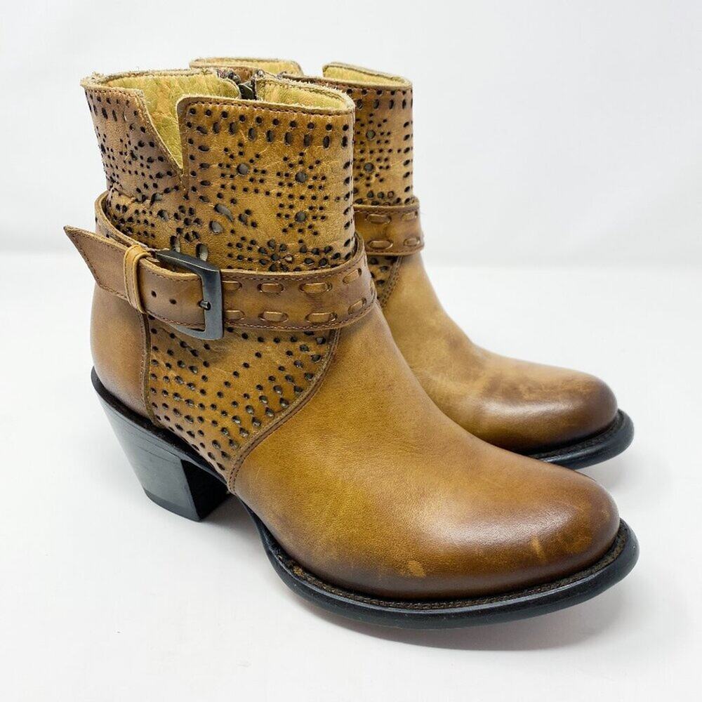JB Dillon Tan Burnished Leather Western Ankle Booties Women's Size 7 EUC